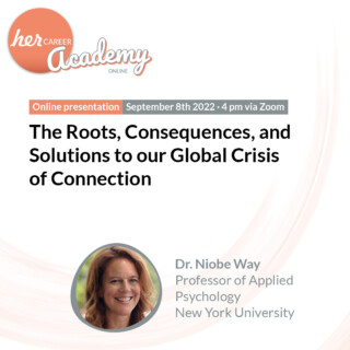 ⭐️ The Roots, Consequences, and Solutions to our Global Crisis of Connection⭐️

What are the reasons why people find it difficult to build and maintain relationships? 🤔

Among other things a „boy“ culture - that is out of sync with our human nature. Niobe Way, a psychology professor at New York University has been researching friendships for more than 30 years, especially among teenagers. In her presentation at #herCAREER-Academy she talks about why we are experiencing a crisis of connection. In a Public Interview subsequent to her talk, she discusses what this has to do with the workplace and shares insights on what we can do about it.

Dr. Niobe Way is Professor of Developmental Psychology at New York University and the founder of the Project for the Advancement of Our Common Humanity (PACH). Her work focuses on social and emotional development, how ideologies shape families and child development in American and Chinese contexts, and on how to build a more just, humane, and connected world within and across communities.

🎉 Get your free ticket 🎫 now with the Link in Bio!

#genderequality #strongfemales #femalefuture #womeninspiringwomen #femaleleaders #event #herCAREERacademy #womenempowerment #womennetwork #friendship #womensupportwomen